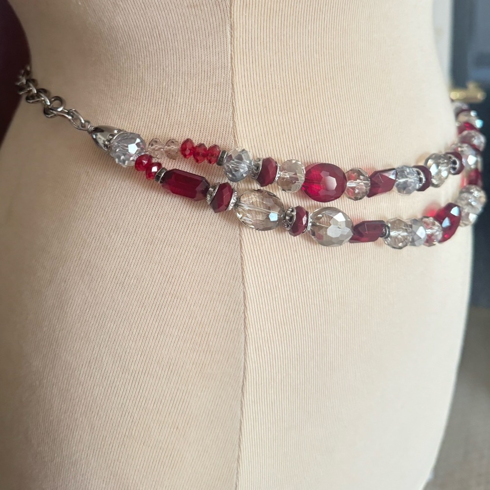 White House Black Market Red and Silver Beaded Belt